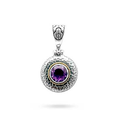Silver pendant, hammer motif with Amethyst round, 18K gold rope, bail with tulang naga motif