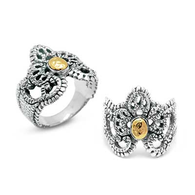 Gold & Silver bracelet, scale dragon chain round 6mm, spring lock with 18K gold hammer motif and white topaz pave stones