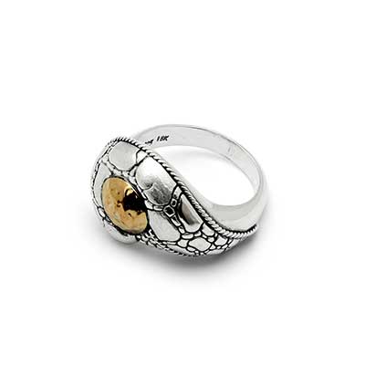 Gold & Silver bracelet, scale dragon chain round 6mm, spring lock with 18K gold hammer motif and white topaz pave stones