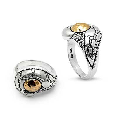 Gold & Silver bracelet, scale dragon chain round 6mm, spring lock with 18K gold hammer motif and white topaz pave stones