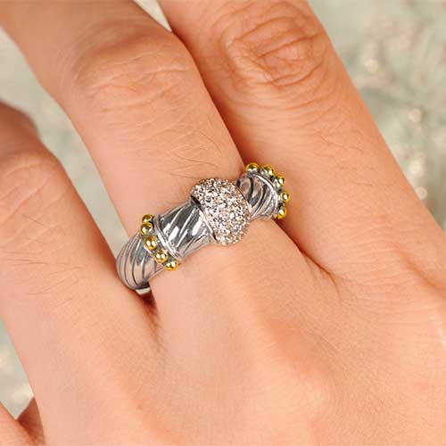 Gold & Silver bracelet, scale dragon chain round 6mm, spring lock with 18K gold hammer motif and white topaz pave stones