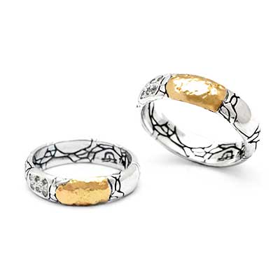 Gold & Silver bracelet, scale dragon chain round 6mm, spring lock with 18K gold hammer motif and white topaz pave stones