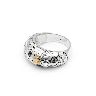 Gold & Silver bracelet, scale dragon chain round 6mm, spring lock with 18K gold hammer motif and white topaz pave stones