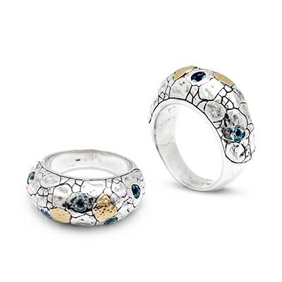 Gold & Silver bracelet, scale dragon chain round 6mm, spring lock with 18K gold hammer motif and white topaz pave stones