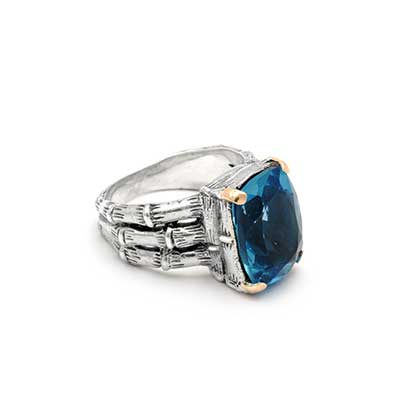 Gold & Silver ring, bamboo collection, 3 rows bamboo shank, blue quartz cushion 10x14