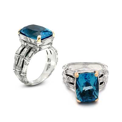 Gold & Silver ring, bamboo collection, 3 rows bamboo shank, blue quartz cushion 10x14