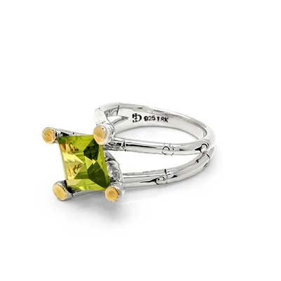 Gold and Silver ring with CZ - Peridot Color. Bamboo collection