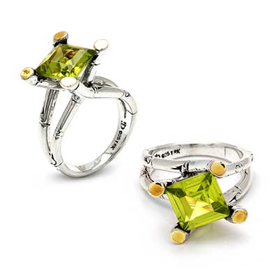 Gold and Silver ring with CZ - Peridot Color. Bamboo collection