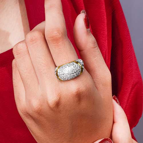 Gold & Silver bracelet, scale dragon chain round 6mm, spring lock with 18K gold hammer motif and white topaz pave stones