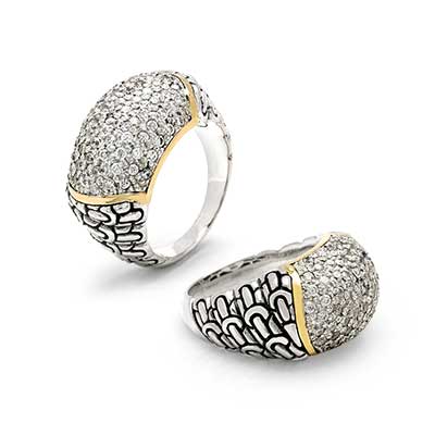 Gold & Silver bracelet, scale dragon chain round 6mm, spring lock with 18K gold hammer motif and white topaz pave stones