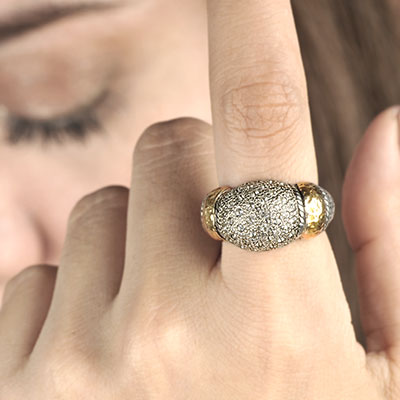 Gold & Silver bracelet, scale dragon chain round 6mm, spring lock with 18K gold hammer motif and white topaz pave stones