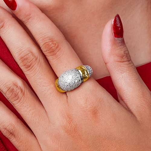 Gold & Silver bracelet, scale dragon chain round 6mm, spring lock with 18K gold hammer motif and white topaz pave stones