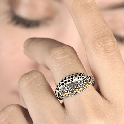 Gold & Silver bracelet, scale dragon chain round 6mm, spring lock with 18K gold hammer motif and white topaz pave stones