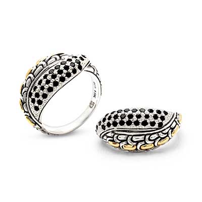 Gold & Silver bracelet, scale dragon chain round 6mm, spring lock with 18K gold hammer motif and white topaz pave stones