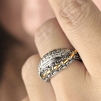 Gold & Silver bracelet, scale dragon chain round 6mm, spring lock with 18K gold hammer motif and white topaz pave stones