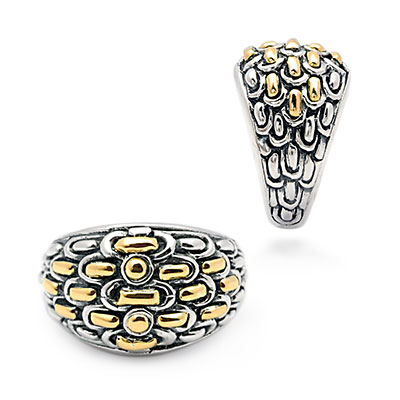 Gold & Silver bracelet, scale dragon chain round 6mm, spring lock with 18K gold hammer motif and white topaz pave stones