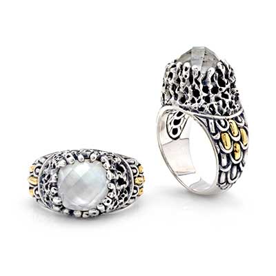 Gold & Silver bracelet, scale dragon chain round 6mm, spring lock with 18K gold hammer motif and white topaz pave stones