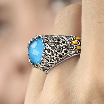 Gold & Silver bracelet, scale dragon chain round 6mm, spring lock with 18K gold hammer motif and white topaz pave stones