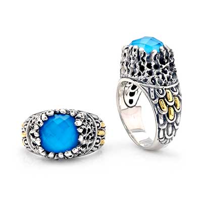 Gold & Silver bracelet, scale dragon chain round 6mm, spring lock with 18K gold hammer motif and white topaz pave stones