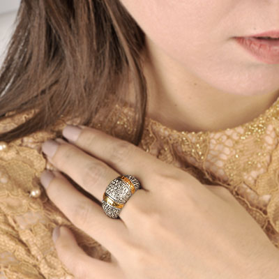 Gold & Silver bracelet, scale dragon chain round 6mm, spring lock with 18K gold hammer motif and white topaz pave stones