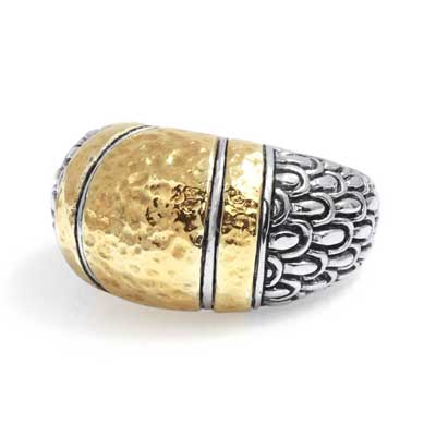 Gold & Silver bracelet, scale dragon chain round 6mm, spring lock with 18K gold hammer motif and white topaz pave stones