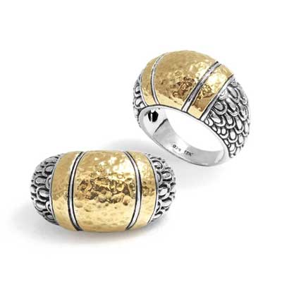 Gold & Silver bracelet, scale dragon chain round 6mm, spring lock with 18K gold hammer motif and white topaz pave stones