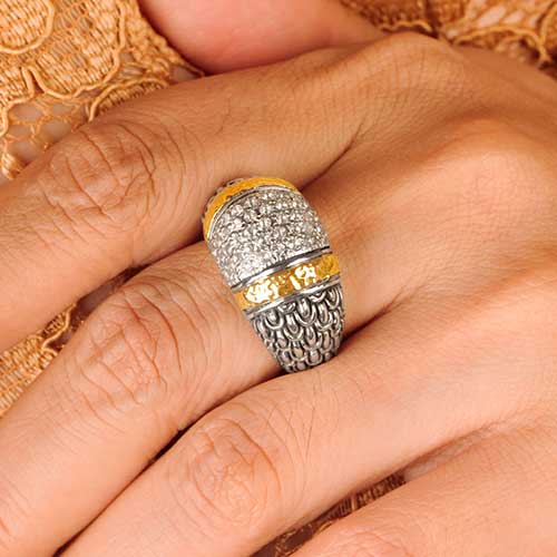 Gold & Silver bracelet, scale dragon chain round 6mm, spring lock with 18K gold hammer motif and white topaz pave stones