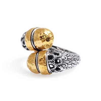 Gold & Silver bracelet, scale dragon chain round 6mm, spring lock with 18K gold hammer motif and white topaz pave stones