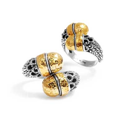 Gold & Silver bracelet, scale dragon chain round 6mm, spring lock with 18K gold hammer motif and white topaz pave stones