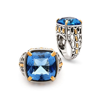 Gold & Silver bracelet, scale dragon chain round 6mm, spring lock with 18K gold hammer motif and white topaz pave stones