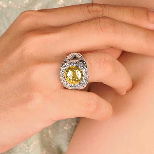 Gold & Silver bracelet, scale dragon chain round 6mm, spring lock with 18K gold hammer motif and white topaz pave stones