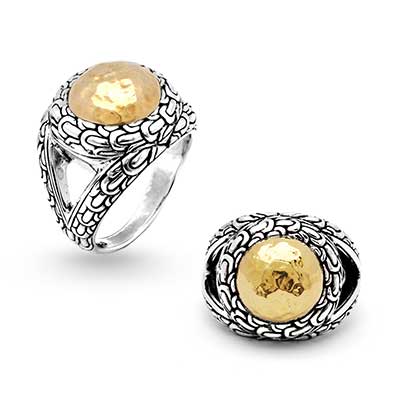 Gold & Silver bracelet, scale dragon chain round 6mm, spring lock with 18K gold hammer motif and white topaz pave stones