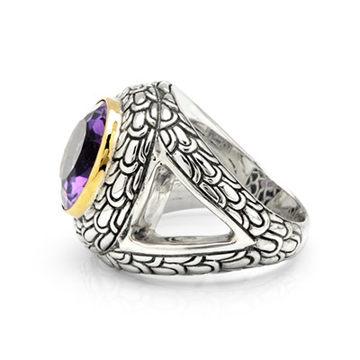 Gold & Silver bracelet, scale dragon chain round 6mm, spring lock with 18K gold hammer motif and white topaz pave stones