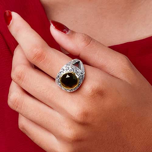 Gold & Silver bracelet, scale dragon chain round 6mm, spring lock with 18K gold hammer motif and white topaz pave stones