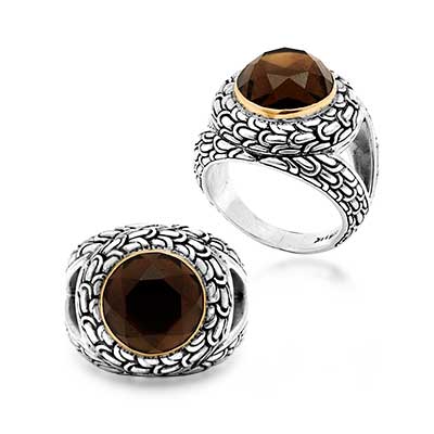 Gold & Silver bracelet, scale dragon chain round 6mm, spring lock with 18K gold hammer motif and white topaz pave stones