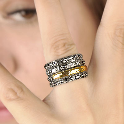 Gold & Silver bracelet, scale dragon chain round 6mm, spring lock with 18K gold hammer motif and white topaz pave stones