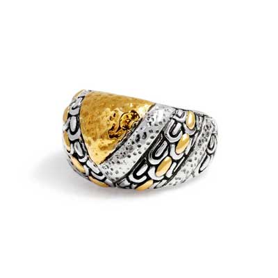 Gold & Silver bracelet, scale dragon chain round 6mm, spring lock with 18K gold hammer motif and white topaz pave stones