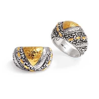 Gold & Silver bracelet, scale dragon chain round 6mm, spring lock with 18K gold hammer motif and white topaz pave stones