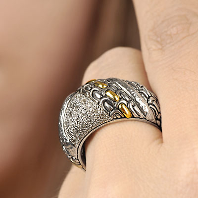 Gold & Silver bracelet, scale dragon chain round 6mm, spring lock with 18K gold hammer motif and white topaz pave stones