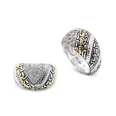 Gold & Silver bracelet, scale dragon chain round 6mm, spring lock with 18K gold hammer motif and white topaz pave stones