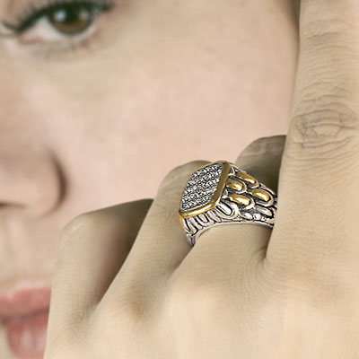 Gold & Silver bracelet, scale dragon chain round 6mm, spring lock with 18K gold hammer motif and white topaz pave stones