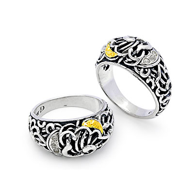 Gold & Silver bracelet, scale dragon chain round 6mm, spring lock with 18K gold hammer motif and white topaz pave stones