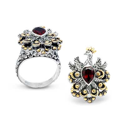 Gold & Silver bracelet, scale dragon chain round 6mm, spring lock with 18K gold hammer motif and white topaz pave stones