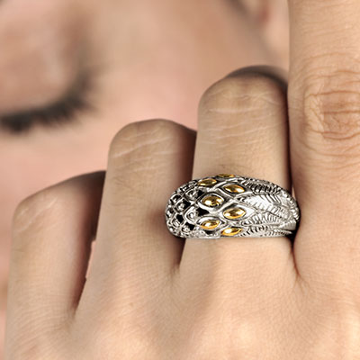 Gold & Silver bracelet, scale dragon chain round 6mm, spring lock with 18K gold hammer motif and white topaz pave stones