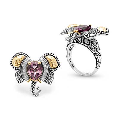 Gold & Silver bracelet, scale dragon chain round 6mm, spring lock with 18K gold hammer motif and white topaz pave stones