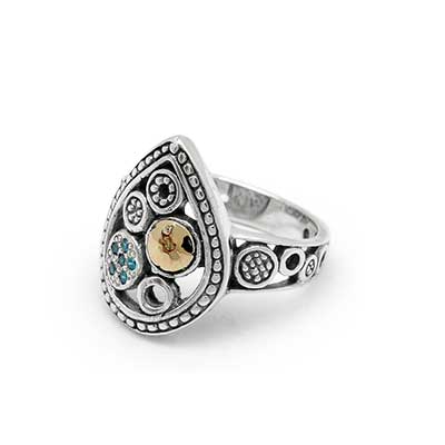 Gold & Silver bracelet, scale dragon chain round 6mm, spring lock with 18K gold hammer motif and white topaz pave stones