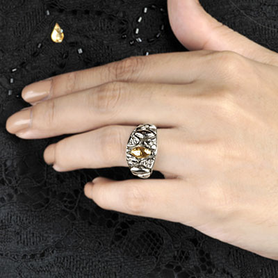 Gold & Silver bracelet, scale dragon chain round 6mm, spring lock with 18K gold hammer motif and white topaz pave stones