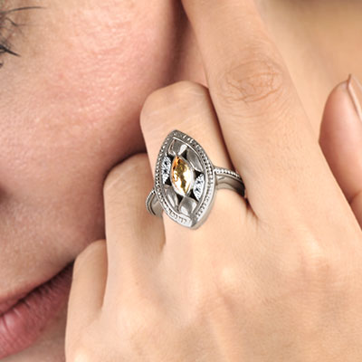 Gold & Silver bracelet, scale dragon chain round 6mm, spring lock with 18K gold hammer motif and white topaz pave stones