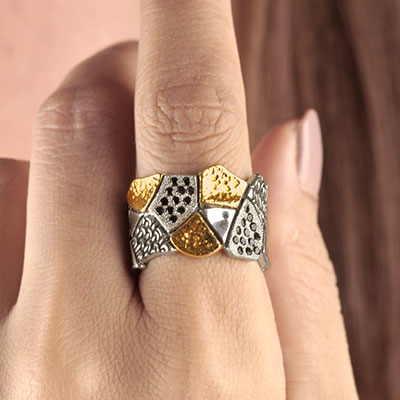 Gold & Silver bracelet, scale dragon chain round 6mm, spring lock with 18K gold hammer motif and white topaz pave stones