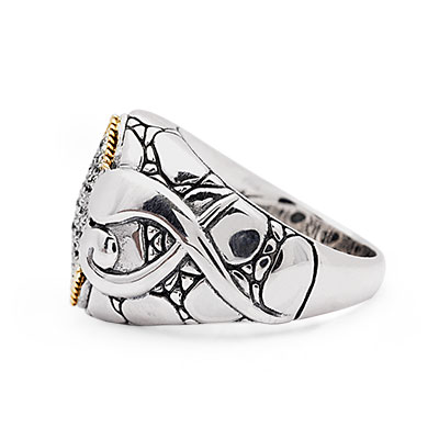 Gold & Silver bracelet, scale dragon chain round 6mm, spring lock with 18K gold hammer motif and white topaz pave stones